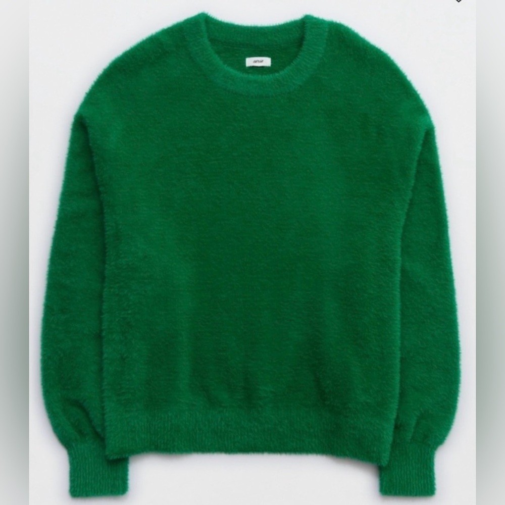 Aerie Flurry Fuzzy Crewneck Sweater Kelly Green Plush Pullover Size Small NWT